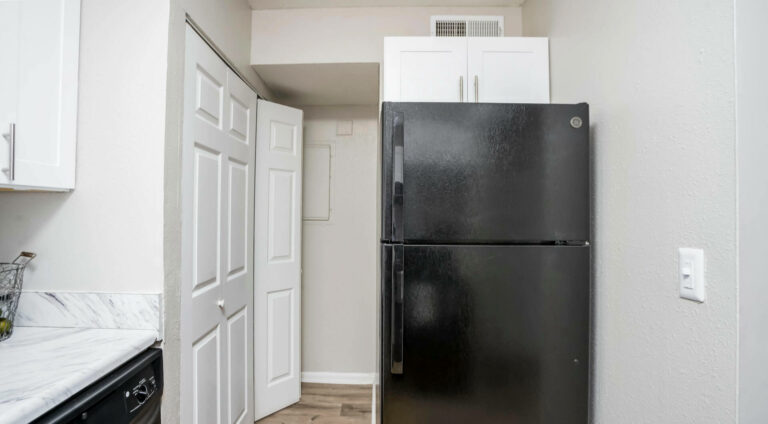 Black fridge in kitchen
